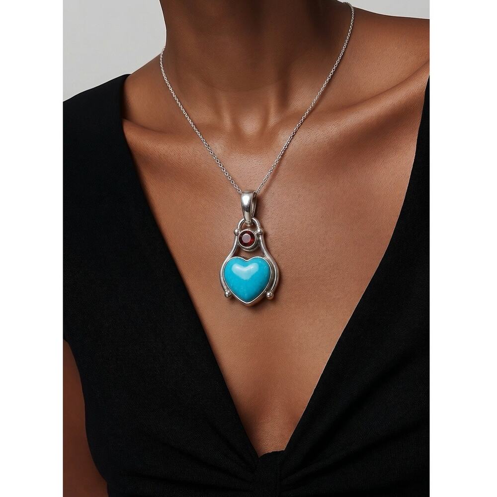 SAJEN 925 Sterling Silver w/ Heart Ruby & Blue Topaz Pendant Enhancer RARE!!